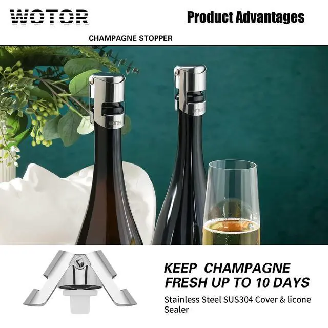 Alt view image 2 of 7 - Champagne Bottle Stoppers, Stainless Steel, 2 Pack (Silver) | Food Grade Silicone, Reusable Champagne Cork, Suitable for Champagne, Cava, Prosecco, Sparkling Wine