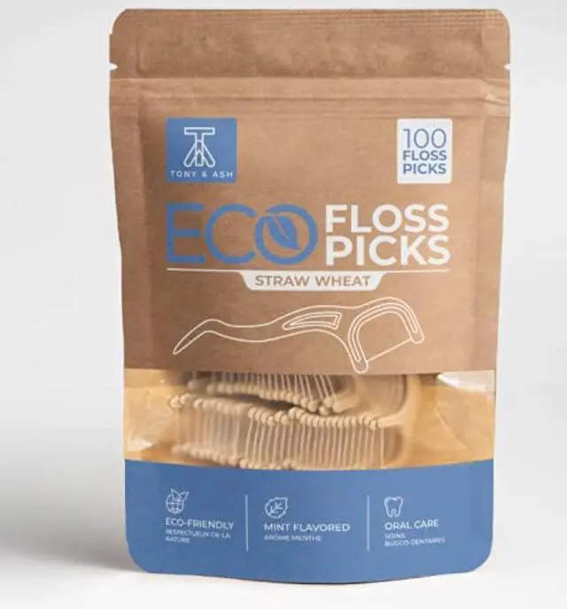 Main image of 100 Mint Flavored Floss Picks | BPA Free, Eco-Friendly for Adults and Kids | Very Durable Sustainable Straw Wheat (100 Count, Mint)