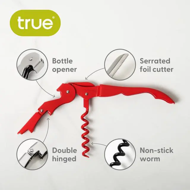 Alt view image 2 of 7 - Truetap Double Hinged Waiter's Corkscrew Wine Opener, Stainless Steel Wine Bottle Opener with Built In Foil Cutter, Home Bar Tools, Bar Cart Accessories, Wedding Gifts, Set of 1, Solid Red