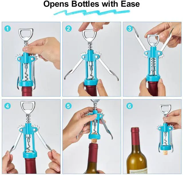 Alt view image 3 of 4 - Wine Opener,Multifunctional Bottles Opener Zinc Alloy Corkscrew Wine Opener with Ergonomic Wing Handle (light blue