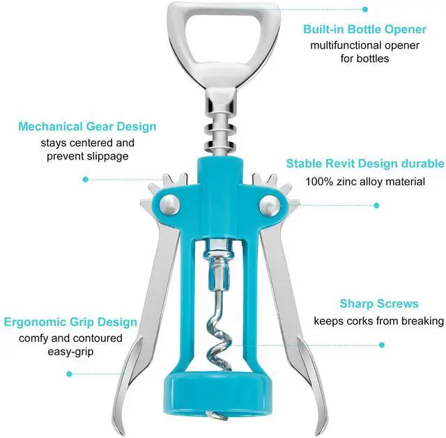 Alt view image 4 of 4 - Wine Opener,Multifunctional Bottles Opener Zinc Alloy Corkscrew Wine Opener with Ergonomic Wing Handle (light blue