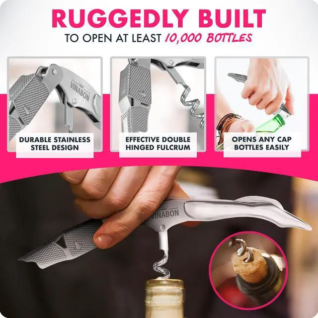 Alt view image 3 of 6 - Wine Corkscrew Opener - Upgraded 2026 Multifunctional 3-in-1 Stainless Steel Wine Key Wine Bottle Opener with Beer Opener for Servers and Bartenders. Includes WineGuide Ebook
