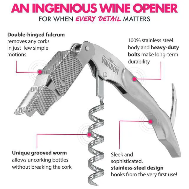 Alt view image 4 of 6 - Wine Corkscrew Opener - Upgraded 2026 Multifunctional 3-in-1 Stainless Steel Wine Key Wine Bottle Opener with Beer Opener for Servers and Bartenders. Includes WineGuide Ebook