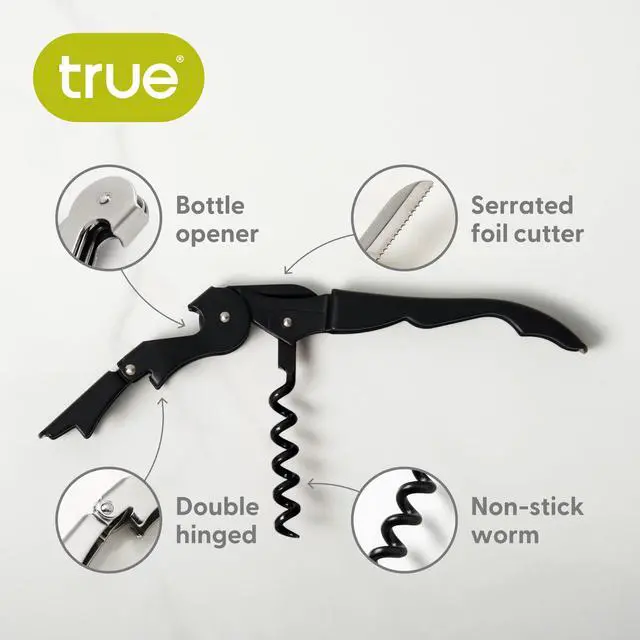 Alt view image 2 of 7 - Truetap Double Hinged Waiter's Corkscrew Wine Opener, Stainless Steel Wine Bottle Opener with Built In Foil Cutter, Home Bar Tools, Bar Cart Accessories, Wedding Gifts, Set of 1, Matte Black
