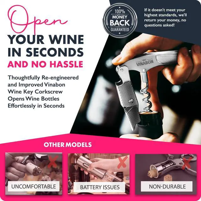 Alt view image 2 of 6 - Wine Corkscrew Opener - Upgraded 2026 Multifunctional 3-in-1 Stainless Steel Wine Key Wine Bottle Opener with Beer Opener for Servers and Bartenders. Includes WineGuide Ebook
