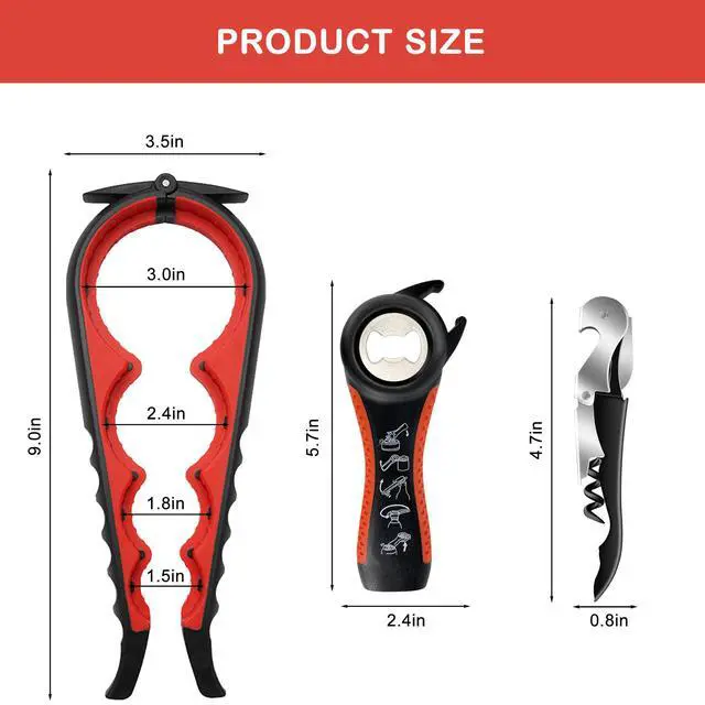 Alt view image 2 of 7 - Jar Opener for Weak Hands, Seniors with Arthritis, 5 in 1 Multi Function Bottle Opener Lid Opener For Arthritic Hands with Corkscrew Wine Opener (red)