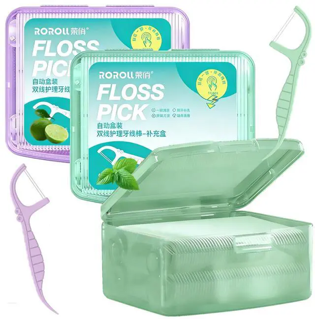 Main image of Dental Floss Picks, 400 Count, Twin Line, Mint Lime, 2 Boxes