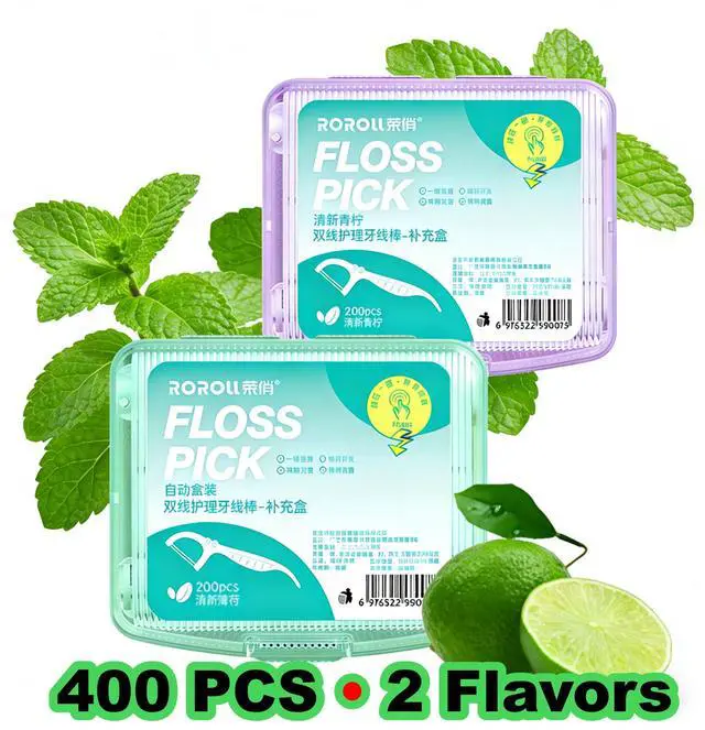 Alt view image 5 of 7 - Dental Floss Picks, 400 Count, Twin Line, Mint Lime, 2 Boxes