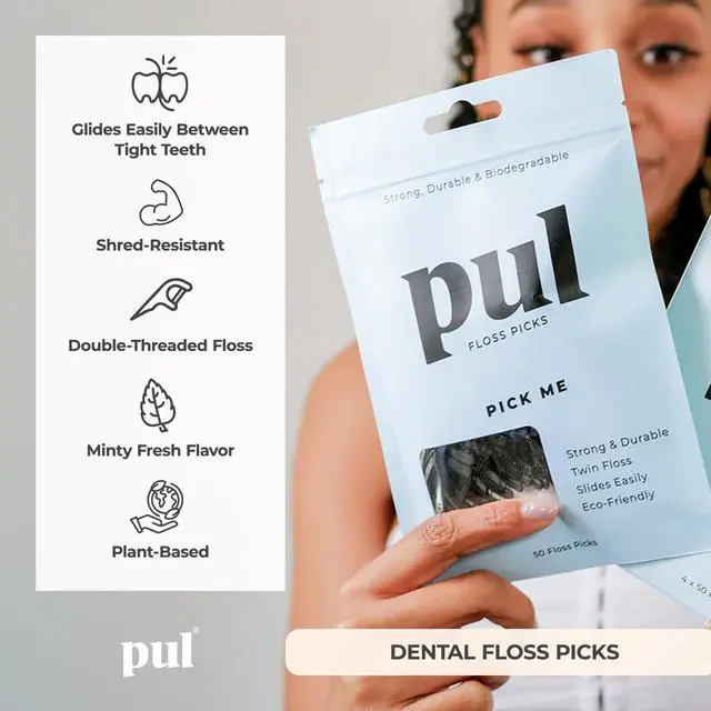 Alt view image 2 of 7 - PUL Mint Dental Floss Picks Biodegradable Floss Sticks with Shred-Resistant Teeth Floss, Fluoride Free Dental Flossers for Adults & Kids, Minty Fresh Dental Floss Picks 50 Count