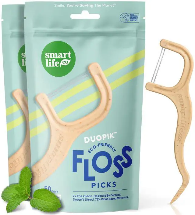 Main image of Eco-Friendly Dual-Thread Dental Floss Picks (100ct) - Flossers Made with Straw Wheat Blend, Superior Anti-Shred for Tight Gaps, Tooth Pick Stick for Adults, Soft on Gum & Teeth, Mint
