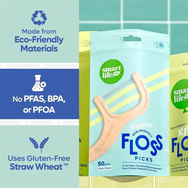 Alt view image 3 of 7 - Eco-Friendly Dual-Thread Dental Floss Picks (100ct) - Flossers Made with Straw Wheat Blend, Superior Anti-Shred for Tight Gaps, Tooth Pick Stick for Adults, Soft on Gum & Teeth, Mint