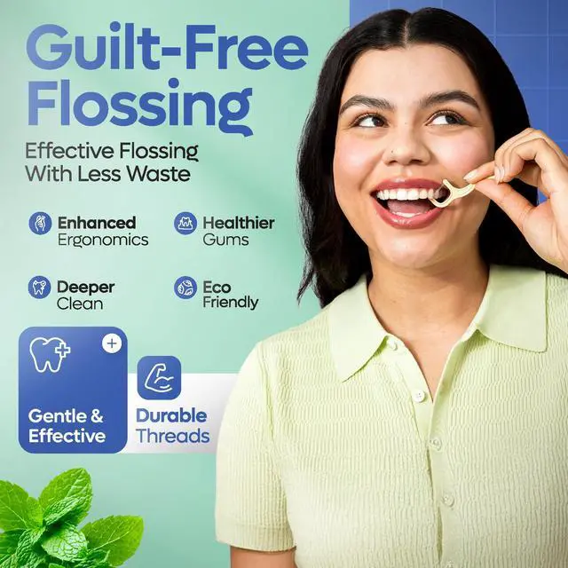 Alt view image 4 of 7 - Eco-Friendly Dual-Thread Dental Floss Picks (100ct) - Flossers Made with Straw Wheat Blend, Superior Anti-Shred for Tight Gaps, Tooth Pick Stick for Adults, Soft on Gum & Teeth, Mint