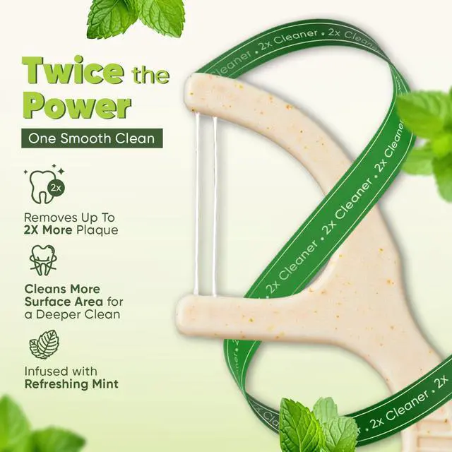 Alt view image 2 of 7 - Dual Thread Dental Floss Picks - Straw Wheat Flossers | Thin & Shred-Resistant Thread for Tight Gaps | Dental Flossers for Adults | Gentle on Gums & Teeth (100 Pack, Mint)