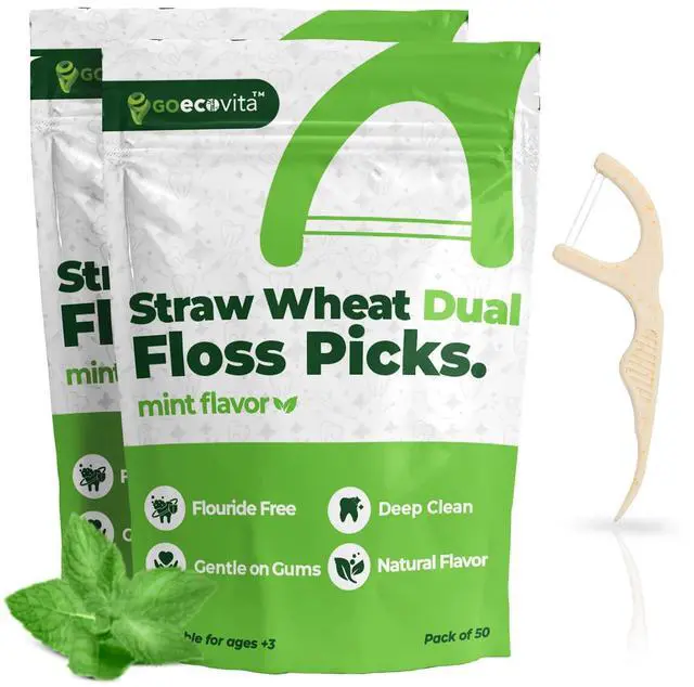 Main image of Dual Thread Dental Floss Picks - Straw Wheat Flossers | Thin & Shred-Resistant Thread for Tight Gaps | Dental Flossers for Adults | Gentle on Gums & Teeth (100 Pack, Mint)
