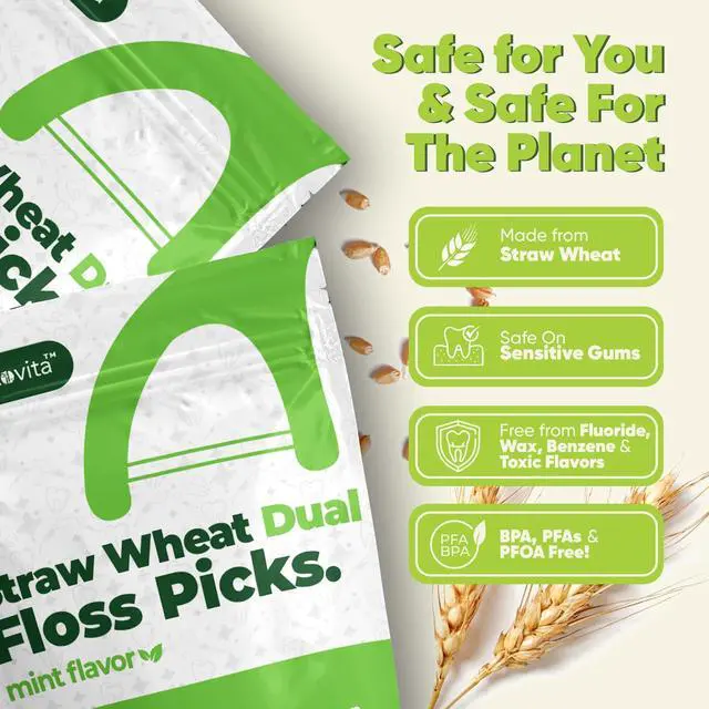 Alt view image 5 of 7 - Dual Thread Dental Floss Picks - Straw Wheat Flossers | Thin & Shred-Resistant Thread for Tight Gaps | Dental Flossers for Adults | Gentle on Gums & Teeth (100 Pack, Mint)
