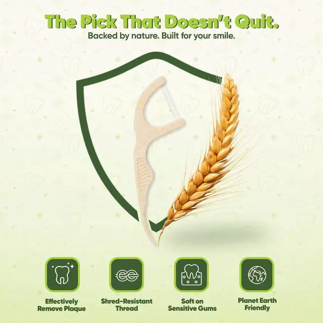 Alt view image 7 of 7 - Dual Thread Dental Floss Picks - Straw Wheat Flossers | Thin & Shred-Resistant Thread for Tight Gaps | Dental Flossers for Adults | Gentle on Gums & Teeth (100 Pack, Mint)