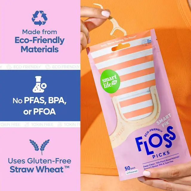 Alt view image 3 of 7 - Eco-Friendly Dental Floss Picks (100ct) - Flossers Made With Straw Wheat Blend, Strong Anti-Shred Thread For Tight Gaps, Tooth Pick Stick For Adults, Soft on Gum & Teeth, Vegan, Unflavored