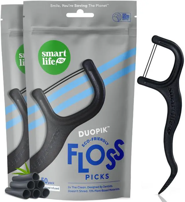 Main image of Eco-Friendly Dual-Thread Dental Floss Picks (100ct) - Flossers Made with Straw Wheat Blend, Natural Teeth Whitening, Tooth Pick Stick for Adults, Activated Bamboo Charcoal Floss Thread