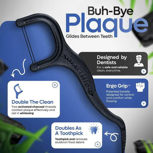 Alt view image 2 of 7 - Eco-Friendly Dual-Thread Dental Floss Picks (100ct) - Flossers Made with Straw Wheat Blend, Natural Teeth Whitening, Tooth Pick Stick for Adults, Activated Bamboo Charcoal Floss Thread