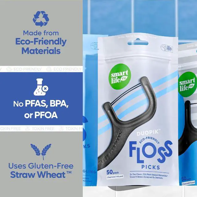 Alt view image 3 of 7 - Eco-Friendly Dual-Thread Dental Floss Picks (100ct) - Flossers Made with Straw Wheat Blend, Natural Teeth Whitening, Tooth Pick Stick for Adults, Activated Bamboo Charcoal Floss Thread