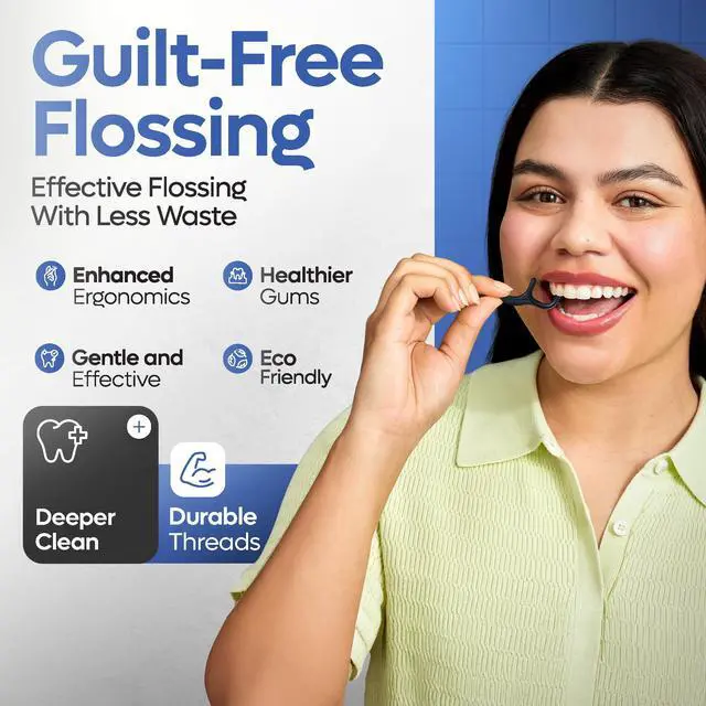 Alt view image 4 of 7 - Eco-Friendly Dual-Thread Dental Floss Picks (100ct) - Flossers Made with Straw Wheat Blend, Natural Teeth Whitening, Tooth Pick Stick for Adults, Activated Bamboo Charcoal Floss Thread