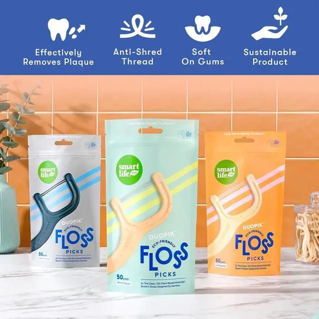 Alt view image 6 of 7 - Eco-Friendly Dual-Thread Dental Floss Picks (100ct) - Flossers Made with Straw Wheat Blend, Natural Teeth Whitening, Tooth Pick Stick for Adults, Activated Bamboo Charcoal Floss Thread
