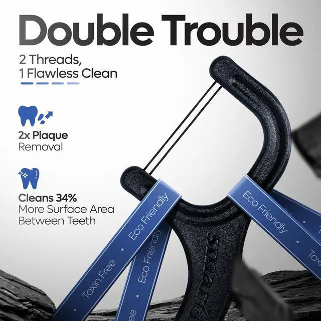 Alt view image 5 of 7 - Eco-Friendly Dual-Thread Dental Floss Picks (100ct) - Flossers Made with Straw Wheat Blend, Natural Teeth Whitening, Tooth Pick Stick for Adults, Activated Bamboo Charcoal Floss Thread