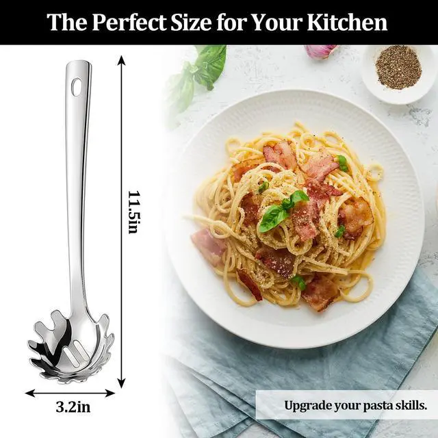 Alt view image 2 of 6 - Stainless Steel Pasta Spoon with Teeth Pasta Server & Spaghetti Spoon with Drain Holes for Noodles, Pasta, Cooking & Serving (Silver)