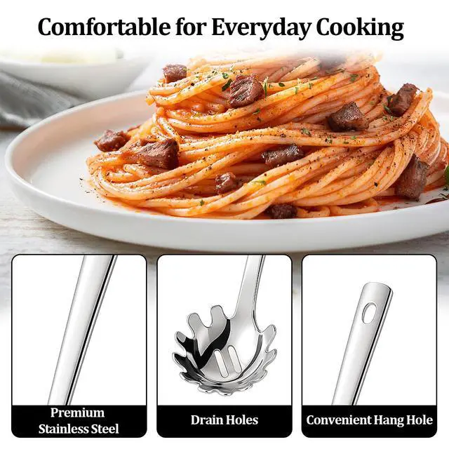 Alt view image 3 of 6 - Stainless Steel Pasta Spoon with Teeth Pasta Server & Spaghetti Spoon with Drain Holes for Noodles, Pasta, Cooking & Serving (Silver)