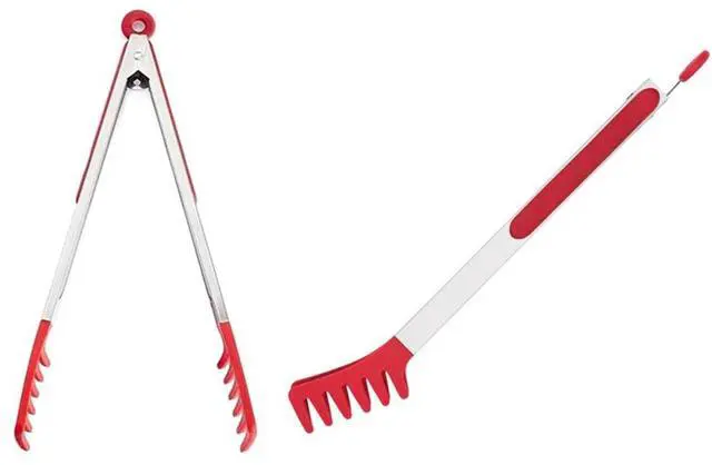 Main image of Large 13" Red Stainless Steel Pasta Tong with Silicone Tips, Spaghetti Tongs Pasta Server Utensil for Noodles Cooking Baking Food BBQ Kitchen Tools