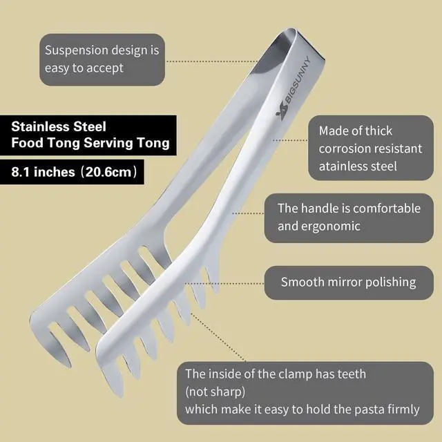 Alt view image 3 of 5 - Kitchen Pasta Tongs, 8" Stainless Steel Spaghetti Tongs