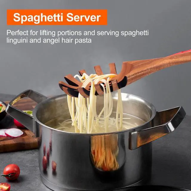 Alt view image 3 of 7 - Wooden Spaghetti Spoon Server Pasta Fork Tongs Pasta Spoon Ladle with Teeth