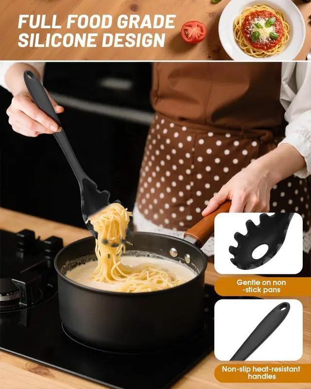 Alt view image 3 of 7 - Spaghetti Spoon and Pasta Tong with Non-Slip Silicone Teeth, Food Clip for Spaghetti Noodle, Heat Resistant Kitchen Utensils with Storage Holes, Dishwasher Safe