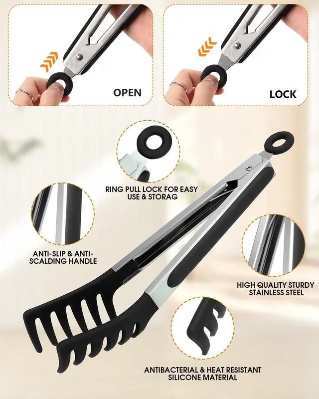 Alt view image 4 of 7 - Spaghetti Spoon and Pasta Tong with Non-Slip Silicone Teeth, Food Clip for Spaghetti Noodle, Heat Resistant Kitchen Utensils with Storage Holes, Dishwasher Safe