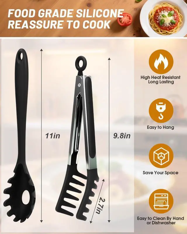 Alt view image 2 of 7 - Spaghetti Spoon and Pasta Tong with Non-Slip Silicone Teeth, Food Clip for Spaghetti Noodle, Heat Resistant Kitchen Utensils with Storage Holes, Dishwasher Safe