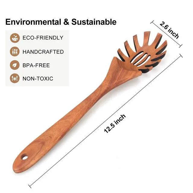 Alt view image 7 of 7 - Wooden Spaghetti Spoon Server Pasta Fork Tongs Pasta Spoon Ladle with Teeth