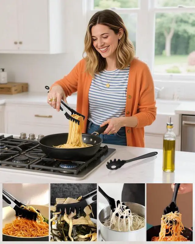 Alt view image 6 of 7 - Spaghetti Spoon and Pasta Tong with Non-Slip Silicone Teeth, Food Clip for Spaghetti Noodle, Heat Resistant Kitchen Utensils with Storage Holes, Dishwasher Safe