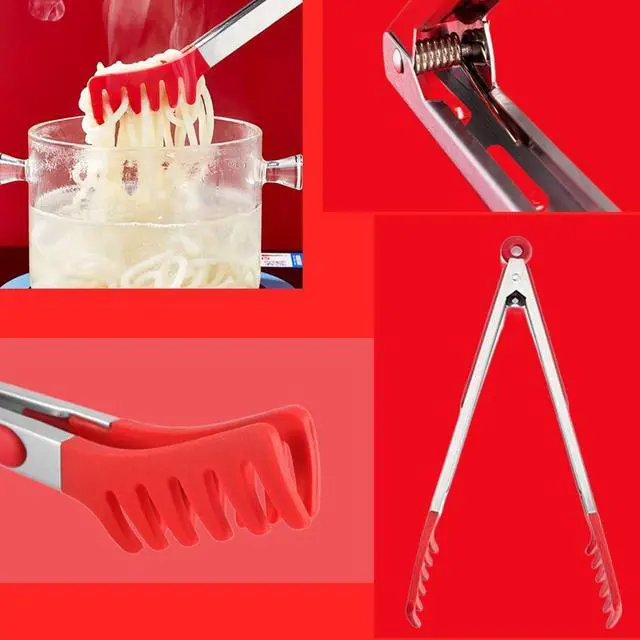 Alt view image 6 of 7 - Large 13" Red Stainless Steel Pasta Tong with Silicone Tips, Spaghetti Tongs Pasta Server Utensil for Noodles Cooking Baking Food BBQ Kitchen Tools