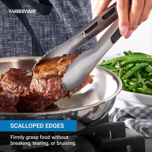 Alt view image 3 of 5 - Pro 9 Inch Stainless Steel Locking Kitchen Tongs - Ergonomic Grip, Scalloped Tips for Cooking, Grilling, Serving and Meal Prep