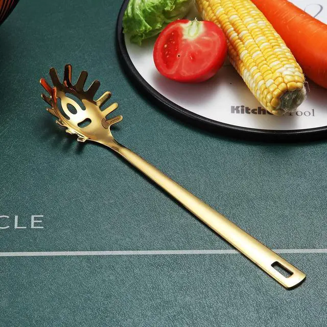 Alt view image 2 of 7 - Gold Spaghetti Spoon, Berglander Pasta Server With Titanium Gold Plating, Stainless Steel Spaghetti Server For Cooking, Pasta Fork, Noddle Fork, Dishwasher Safe, Easy to Clean