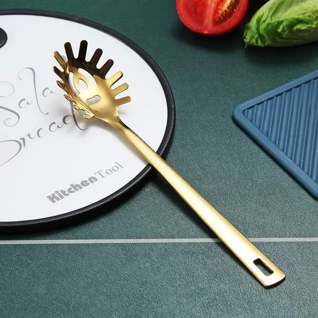 Alt view image 4 of 7 - Gold Spaghetti Spoon, Berglander Pasta Server With Titanium Gold Plating, Stainless Steel Spaghetti Server For Cooking, Pasta Fork, Noddle Fork, Dishwasher Safe, Easy to Clean