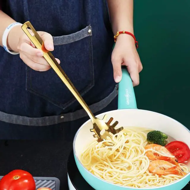 Alt view image 7 of 7 - Gold Spaghetti Spoon, Berglander Pasta Server With Titanium Gold Plating, Stainless Steel Spaghetti Server For Cooking, Pasta Fork, Noddle Fork, Dishwasher Safe, Easy to Clean