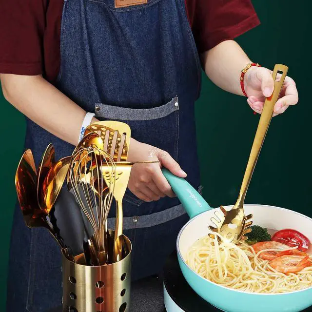 Alt view image 6 of 7 - Gold Spaghetti Spoon, Berglander Pasta Server With Titanium Gold Plating, Stainless Steel Spaghetti Server For Cooking, Pasta Fork, Noddle Fork, Dishwasher Safe, Easy to Clean