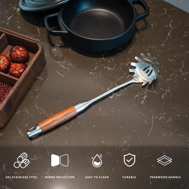 Alt view image 3 of 7 - Spaghetti Spoon Stainless Steel, Metal Pasta Spoon with Teeth, Wooden Handle Pasta Fork Noodle Scoop for Cooking - 14 Spaghetti Claw Server Utensil