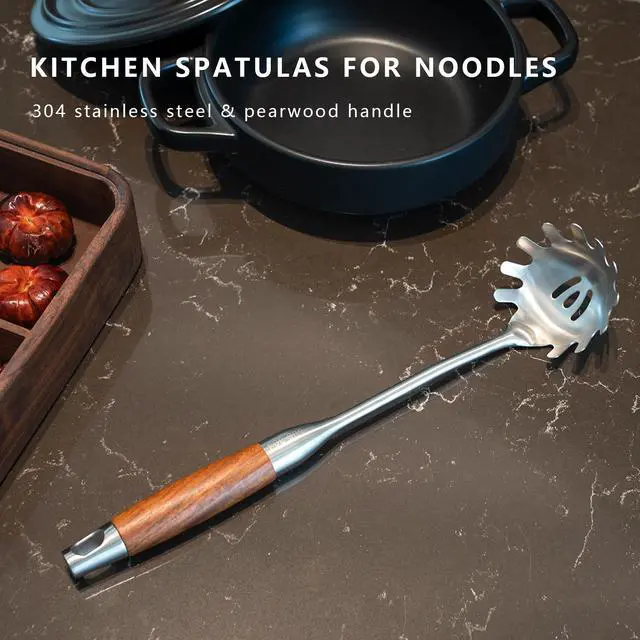 Alt view image 4 of 7 - Spaghetti Spoon Stainless Steel, Metal Pasta Spoon with Teeth, Wooden Handle Pasta Fork Noodle Scoop for Cooking - 14 Spaghetti Claw Server Utensil