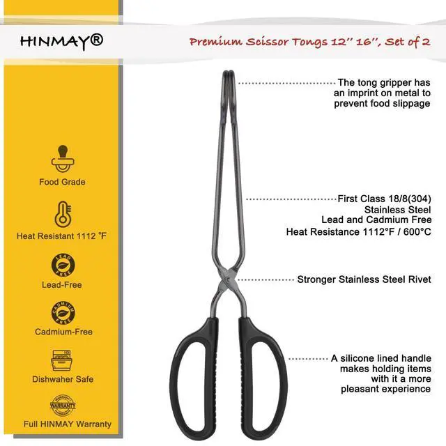 Alt view image 2 of 6 - Stainless Steel Scissor Tongs 12" and 16" Set, Set of 2 (Black)