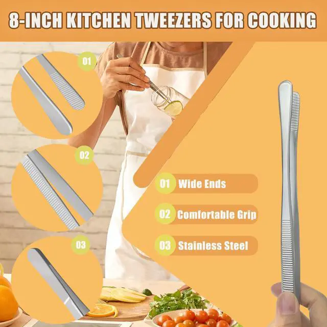 Alt view image 4 of 7 - 8-Inch Kitchen Tweezers Pasta Tongs, Stainless Steel Cooking Tweezer Tongs Culinary Food Tweezers for Plating & Baking