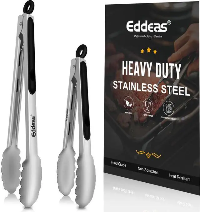 Main image of Kitchen Tongs - 9" and 12" Tongs for cooking, Heat Resistant 600 Degrees Stainless Steel Metal Tong and Non-Slip Handle - Perfect for Cooking, Salad and BBQ, Set of 2