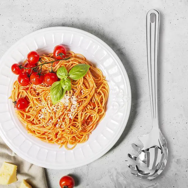 Alt view image 2 of 7 - New Upgraded 12 inch Stainless Steel Spaghetti Server Spoon with Teeth - Pasta Fork Pasta Server Noodle Spoon Heavy Duty Cooking Utensils Classic Dishwasher Safe 1Pc