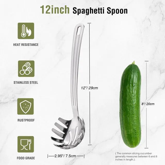 Alt view image 3 of 7 - New Upgraded 12 inch Stainless Steel Spaghetti Server Spoon with Teeth - Pasta Fork Pasta Server Noodle Spoon Heavy Duty Cooking Utensils Classic Dishwasher Safe 1Pc